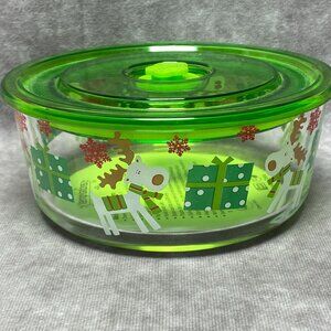 Temp-Tations Holiday Reindeer & Gifts Glass Bowl W/ Light Green Lid & Vent